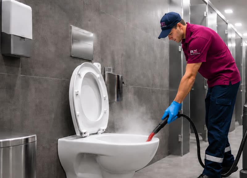 Illustration einer Reinigung von WC-Flächen mit Dampf