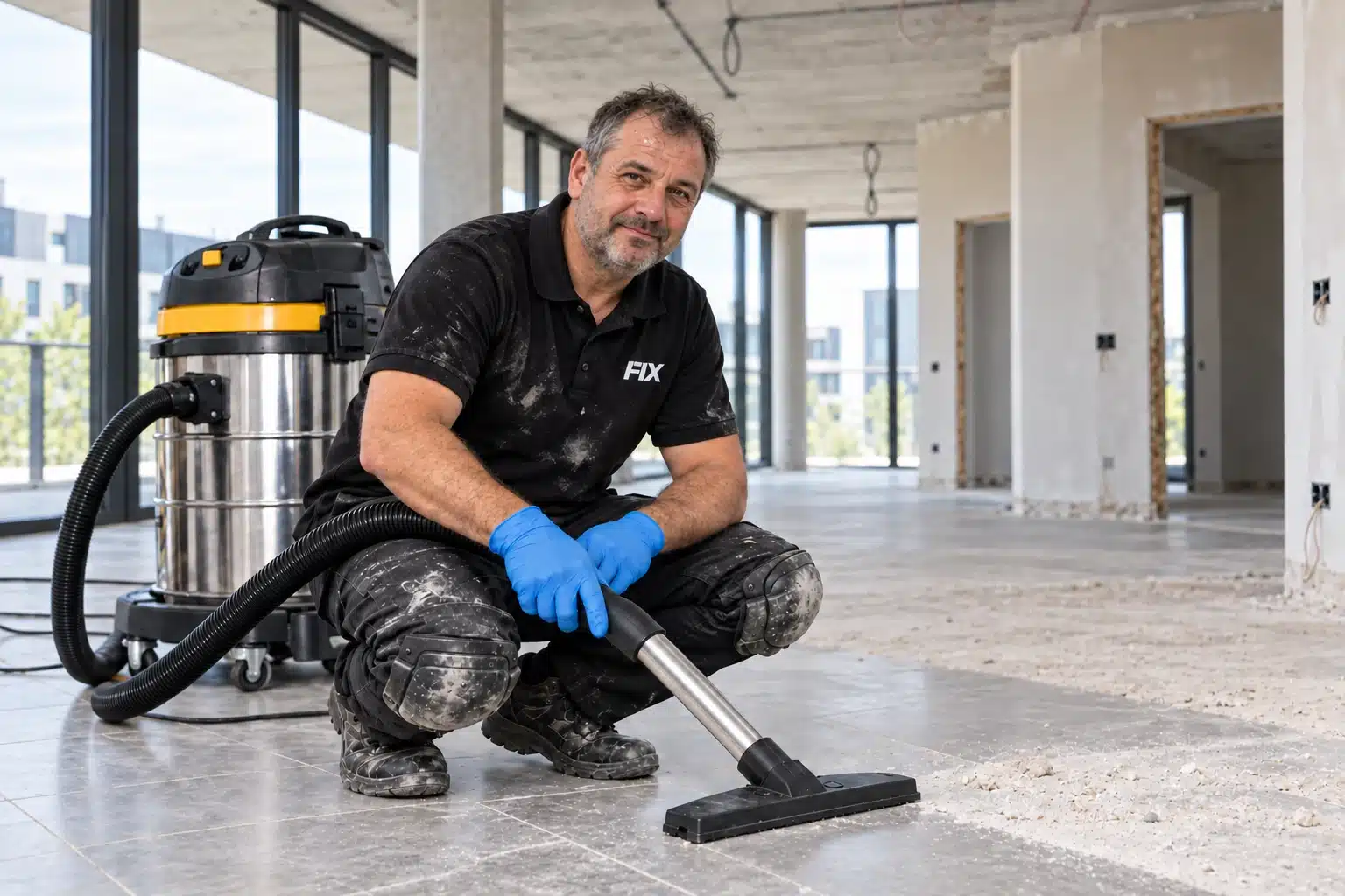Reinigungskraft in staubiger FIX-Arbeitskleidung bei der Baureinigung im modernen Rohbau