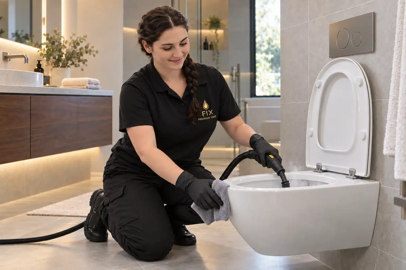 Illustration der Detailreinigung an einer Toilette mit Dampf und Tuch