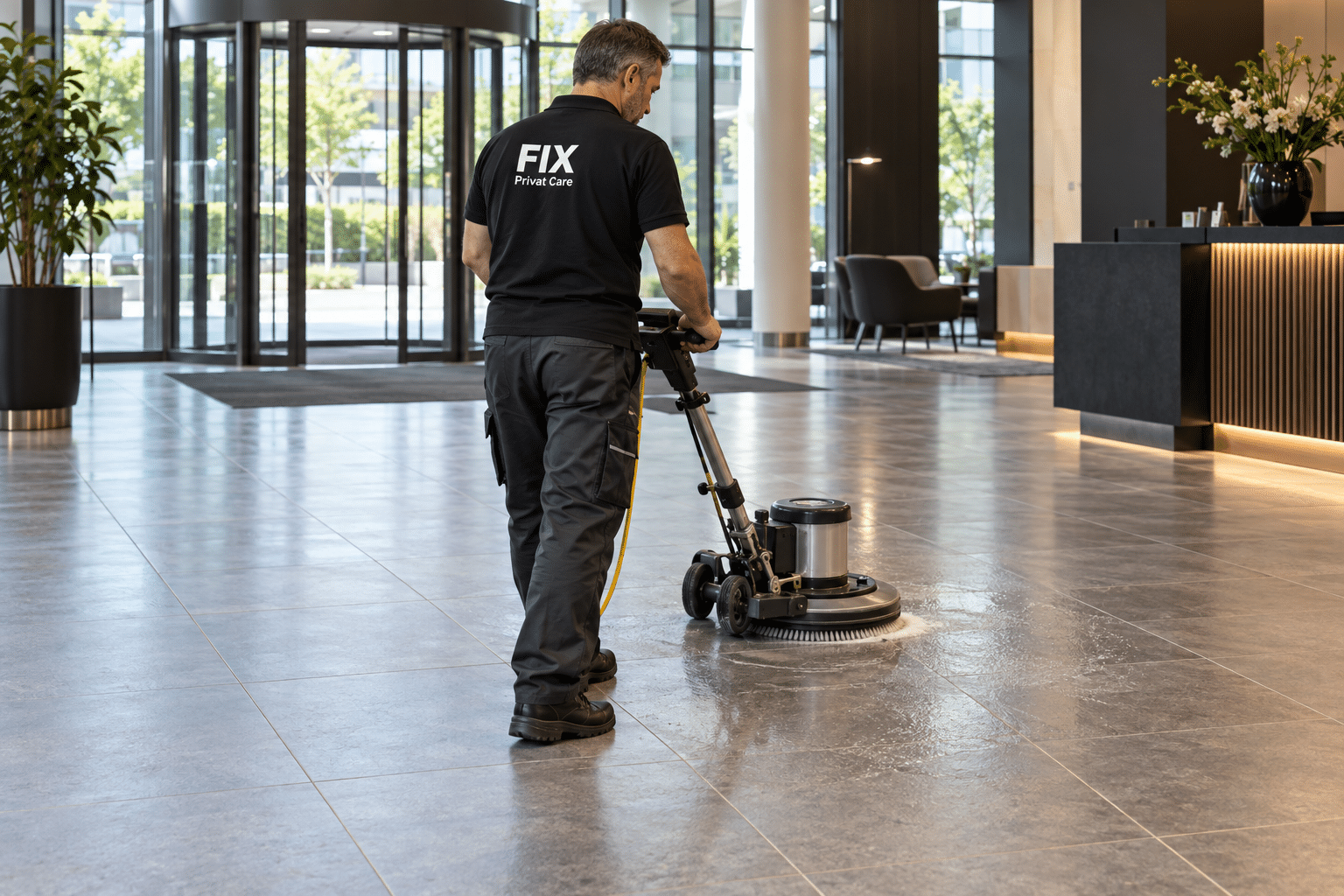 Fliesenreinigung mit einer Einscheibenmaschine und FIX-Arbeitskleidung – Symbolbild