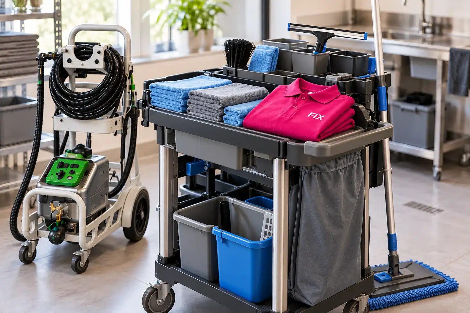 Reinigungswagen mit FIX-Arbeitskleidung und Reinigungsausrüstung – Illustration